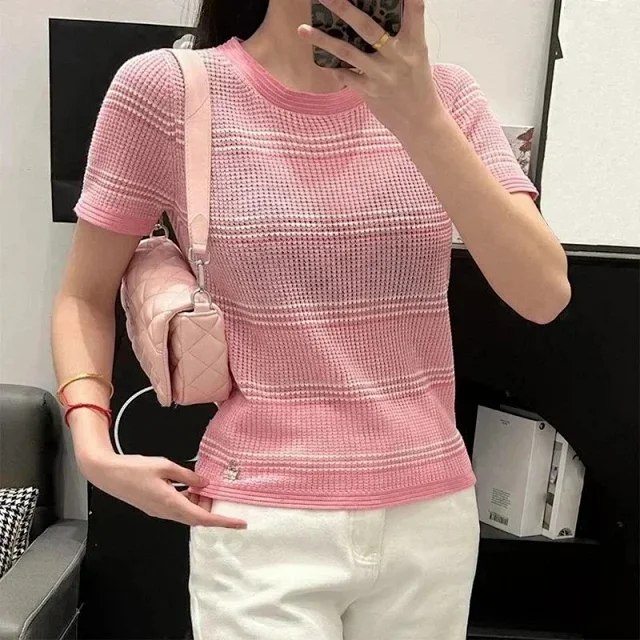 CHANEL Striped contrast hollow knit loose lazy style short-sleeved T-shirt