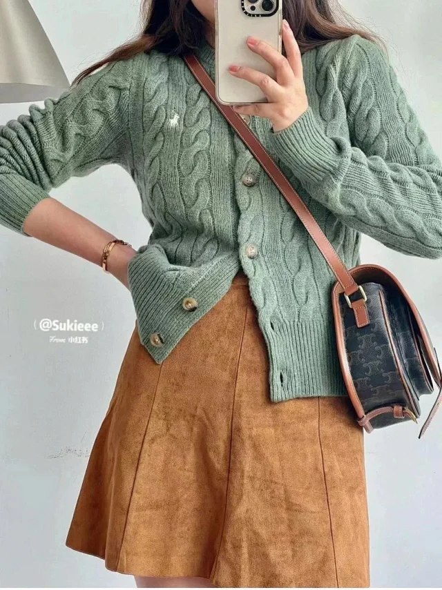 Ralph Lauren High-end original embroidered cable-knit cardigan sweater for women